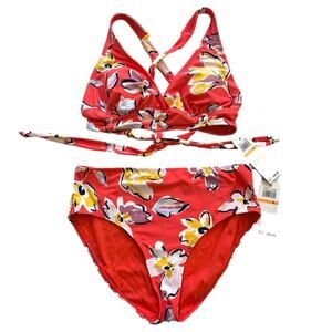 Catalina Bikini Set Red Floral Tie Back Top High Waisted Bottom Swim Small NEW